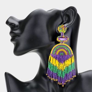 Gold Purple Green Beaded Mardi Gras Dangle Earrings Parade Jewelry Tassel Fringe
